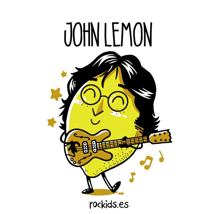 a cartoon character holding a guitar in his right hand, with the words john lemon on it