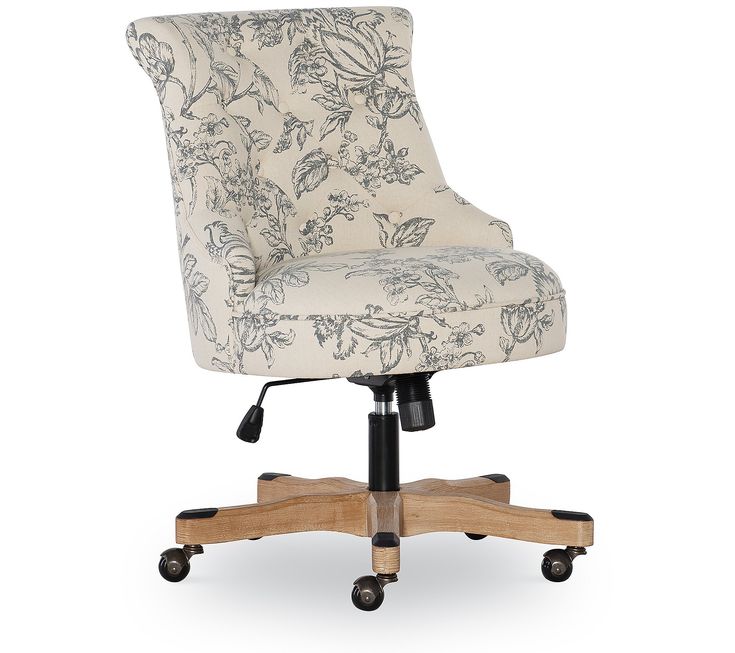 an office chair with wheels and a flower print upholstered seat