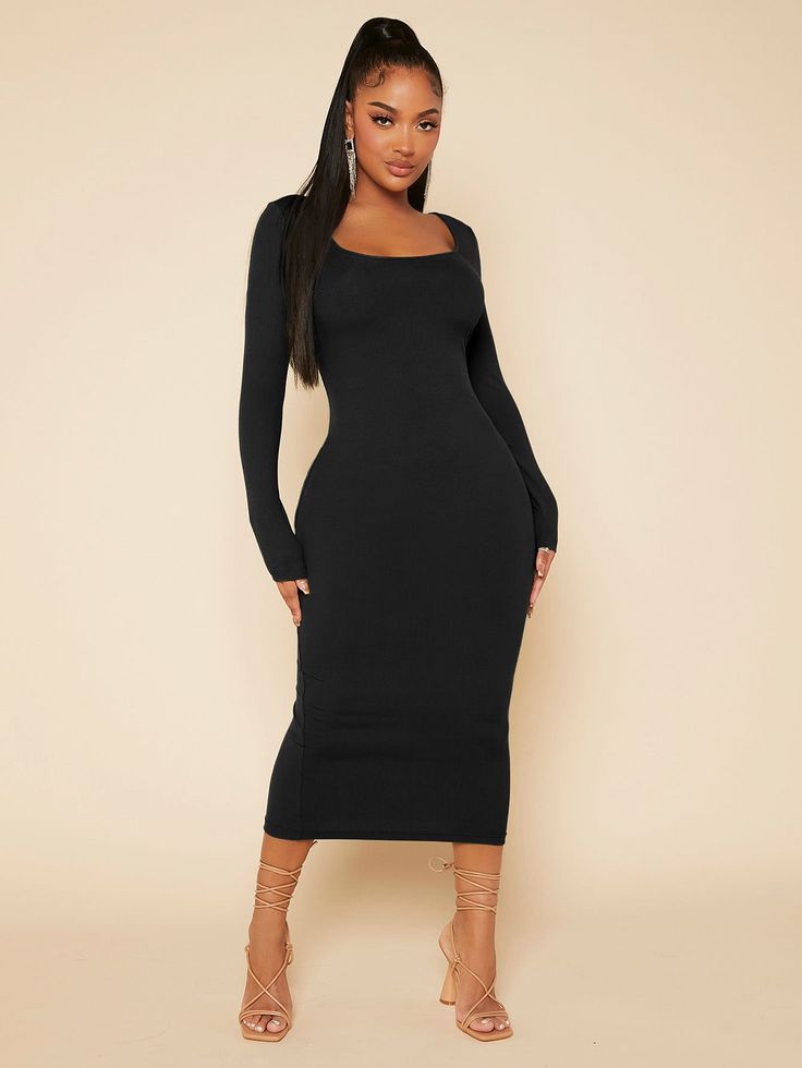 Solid Scoop Neck Bodycon Dress Black Elegant  Long Sleeve Knitted Fabric Plain Bodycon Slight Stretch Winter Women Clothing, size features are:Bust: ,Length: ,Sleeve Length: Simple Long Dress, Maxi Bodycon Dress, Split Hem Dress, Neck Bodycon Dress, Solid Color Dress, Black Bodycon Dress, Women Long Dresses, Long Sleeve Midi, Inspiration Mode