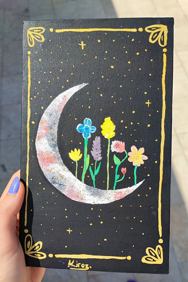 gold metallic moon and flower design art acrylic painting glittered art on canvas Easy Witchy Paintings, Astrology Painting Ideas, Witch Canvas Painting, Witchy Painting Ideas, Witchy Painting, Canvas Painting Acrylic, Floral Acrylic Painting, Cute Painting Ideas, Room Paintings