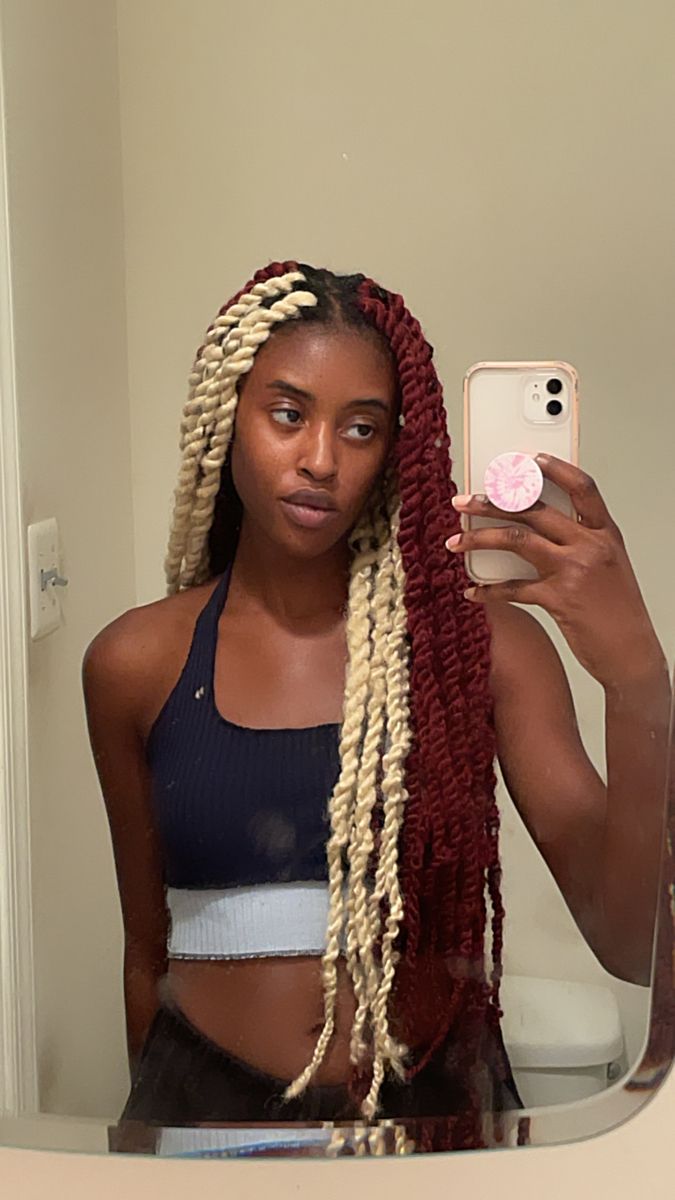 Blonde and burgundy marley twist braids Burgundy And Blonde Braids, Blonde And Burgundy Hair, Red And Blonde Braids, Blonde And Red Hair, New Braided Hairstyles, Maroon Hair, Cornrows Natural Hair, Marley Twists, Blonde Braids