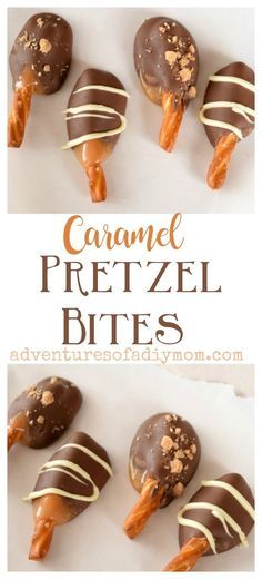 caramel pretzel bites on a white plate with chocolate drizzled