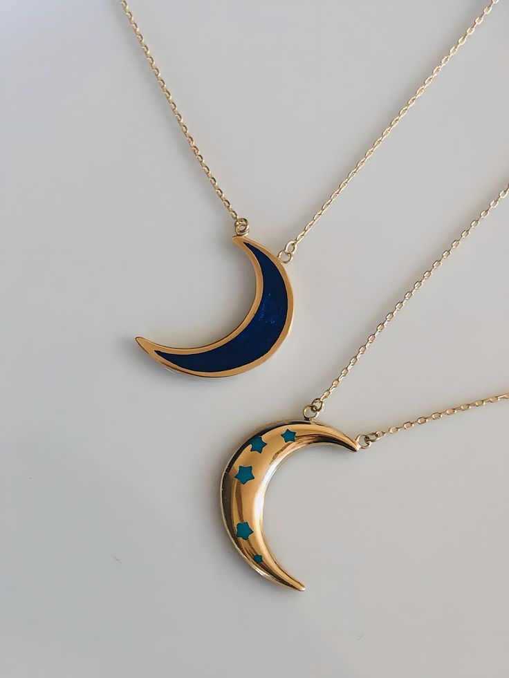 Moon And Stars Necklace, Stars Necklace, Gold Moon Necklace, Crescent Moon Pendant, 18k Gold Necklace, Lapis Blue, Crescent Moon Necklace, Gold Hand, Gold Moon