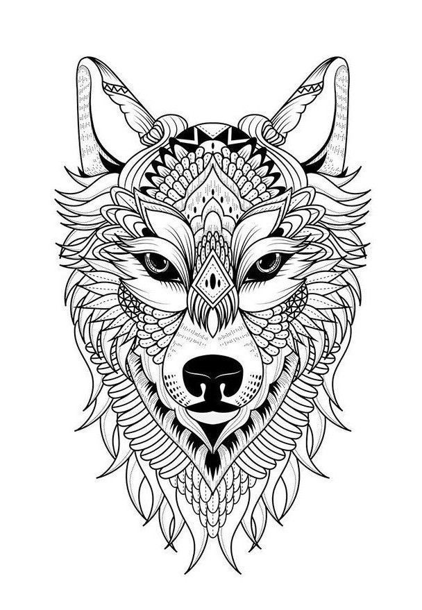 the head of a wolf with decorative patterns on it's face, black and white drawing