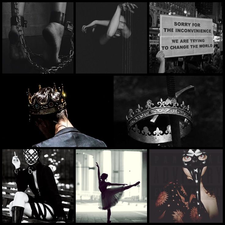 black and white collage with images of people wearing tiaras, masks, dresses, and jewelry