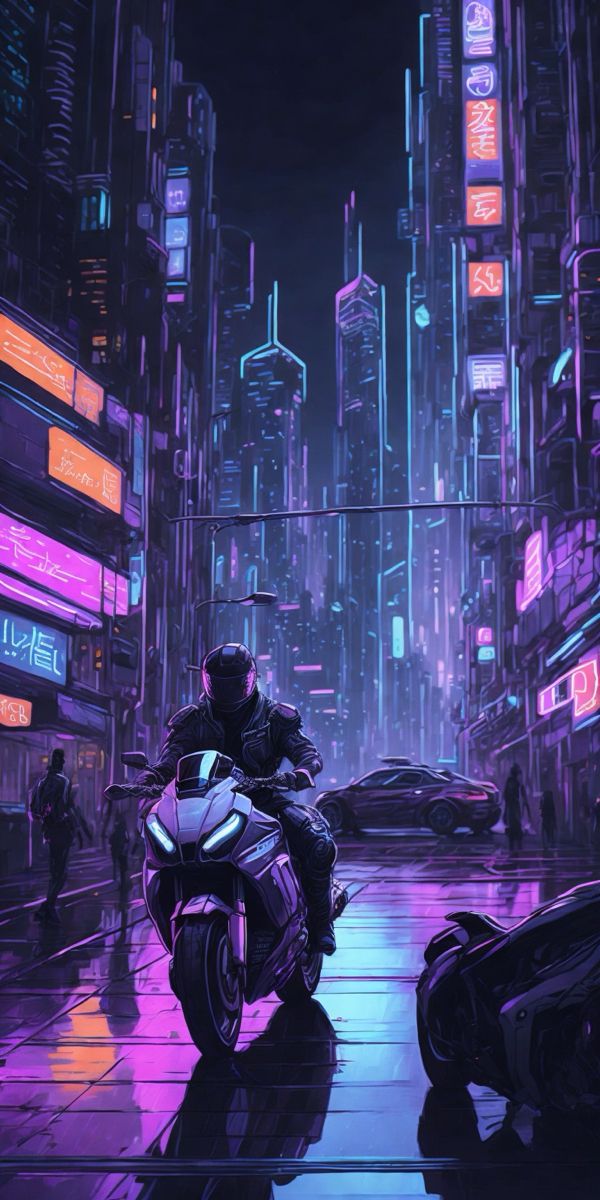 a man on a motorcycle in the middle of a city at night with neon lights