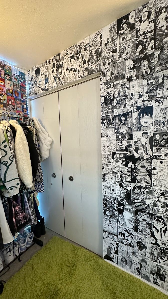 a closet with comic themed wallpaper and green rug