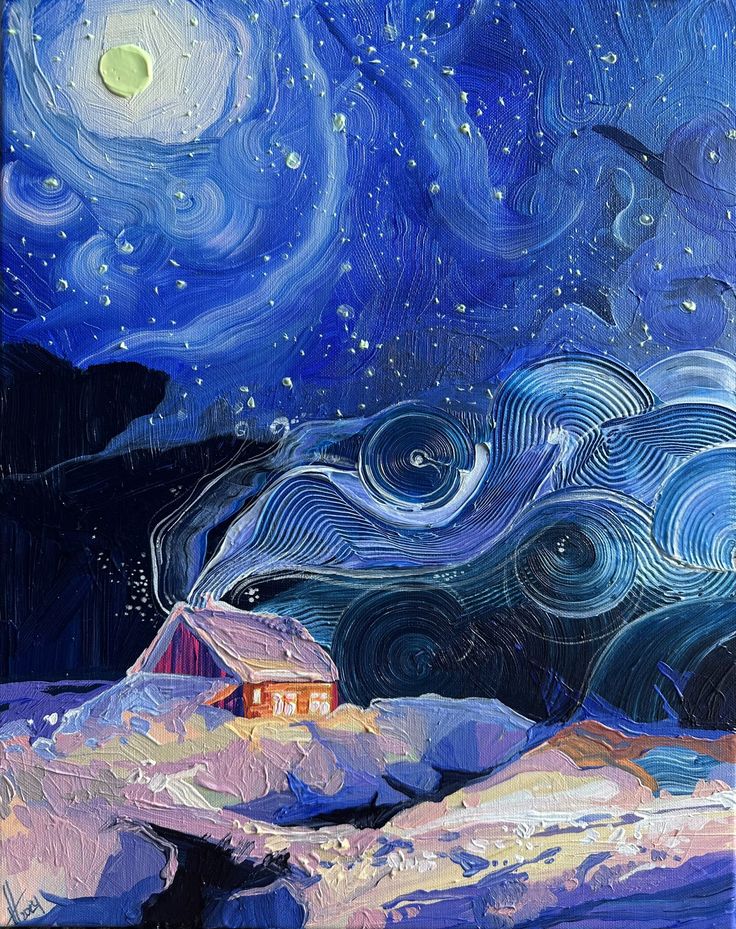 a painting of a night sky with stars and swirls in the background, as well as a house on top of a snowy hill