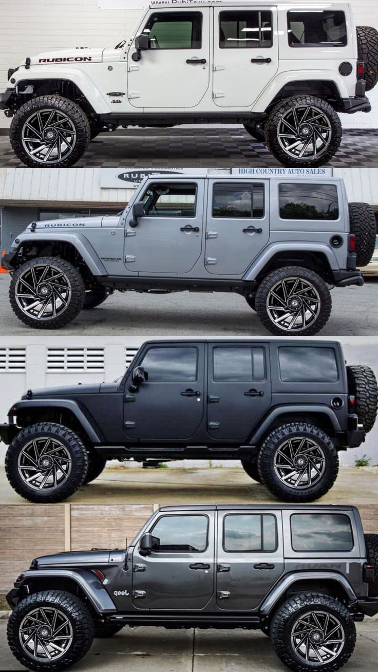 four different jeeps parked in front of a building