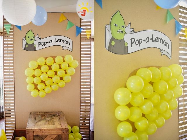 two pictures of balloons in front of a wall with the words pop - a - lemon on it