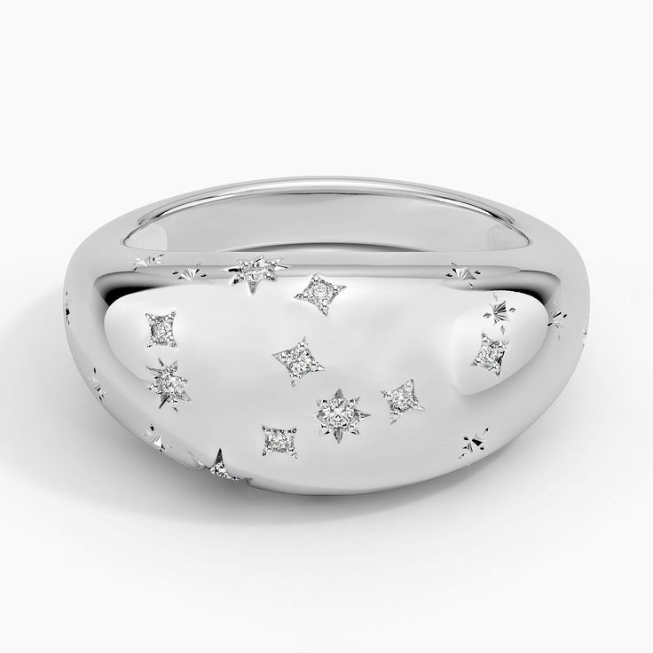 Virgo Zodiac Constellation Diamond Dome Ring - 14K White Gold. Brightly shimmering diamonds form the shape of the Virgo constellation across this eye-catching domed design. A statement style all on its own and easily stacked, this Zodiac design is full of endless star power (1/15 total carat weight). Virgo Constellation, Zodiac Designs, Dome Ring, Zodiac Constellations, Virgo Zodiac, Brilliant Earth, Domed Ring, The Shape, Constellations