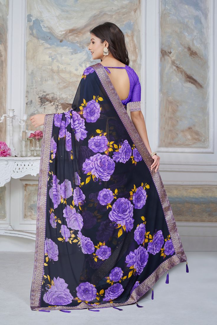 Kavya Georgette Floral Printed Brocade Border Saree Soft easy to wear georgette fabric. Beautiful floral print with stone Brocade border Comes with waist belt. Comes with unstitch blouse fabric. Effortlessly elegant and versatile, the Kavya Saree is the perfect addition to any wardrobe. Made from soft and lightweight Georgette fabric, it features a stunning floral print and intricate brocade border. Designer Floral Print Georgette Traditional Wear, Designer Georgette Blouse With Floral Print, Floral Print Georgette Traditional Wear, Designer Floral Print Saree For Eid, Bollywood Chiffon Dupatta With Printed Border, Bollywood Style Chiffon Dupatta With Printed Border, Festive Floral Print Georgette Blouse Piece, Navratri Georgette Saree With Floral Print, Georgette Saree Sets With Floral Print