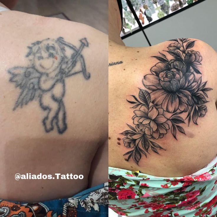 the back of a woman's shoulder with flowers on it and an angel tattoo