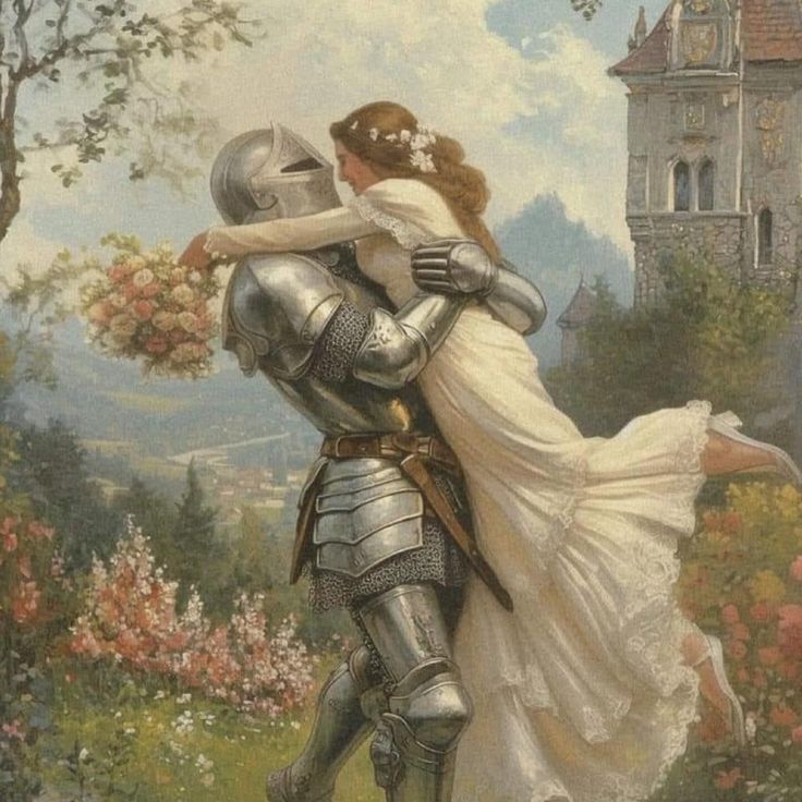 a painting of a man and woman dressed in armor