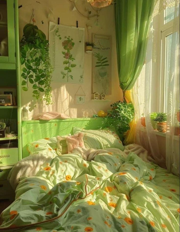 a bedroom with green walls and plants in the window sill, bedding is made up