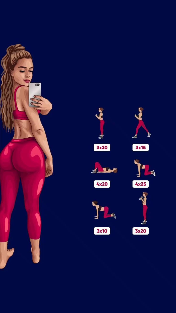 a woman in red is doing yoga poses with her cell phone and looking at the screen