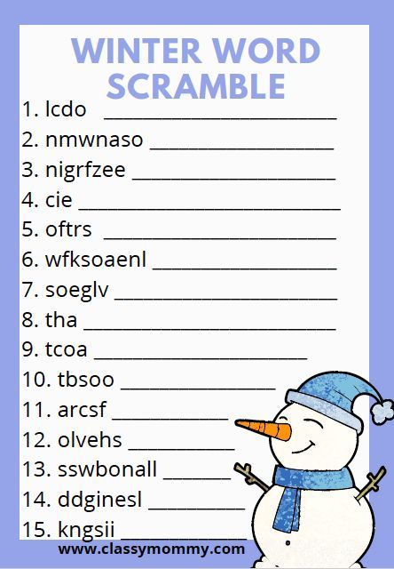 a printable winter word scramble with a snowman in the middle and words below it