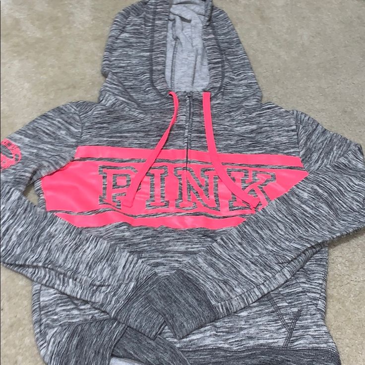 Nwot Super Bright And Lightweight Pink Brand Marled Grey Half Zip Hoodie With Super Fun Hot Pink Accent Detailing Along Front, Strings, And Sleeve Of Hoodie. Pink Winter Sports Hoodie, Pink Long Sleeve Sportswear Sweatshirt, Pink Long Sleeve Sweatshirt For Sportswear, Sporty Long Sleeve Pink Hoodie, Pink Casual Sports Hoodie, Pink Sportswear Hoodie For Spring, Pink Sportswear Hoodie For Fall, Pink Long Sleeve Sportswear Hoodie, Pink Workout Sweatshirt For Spring