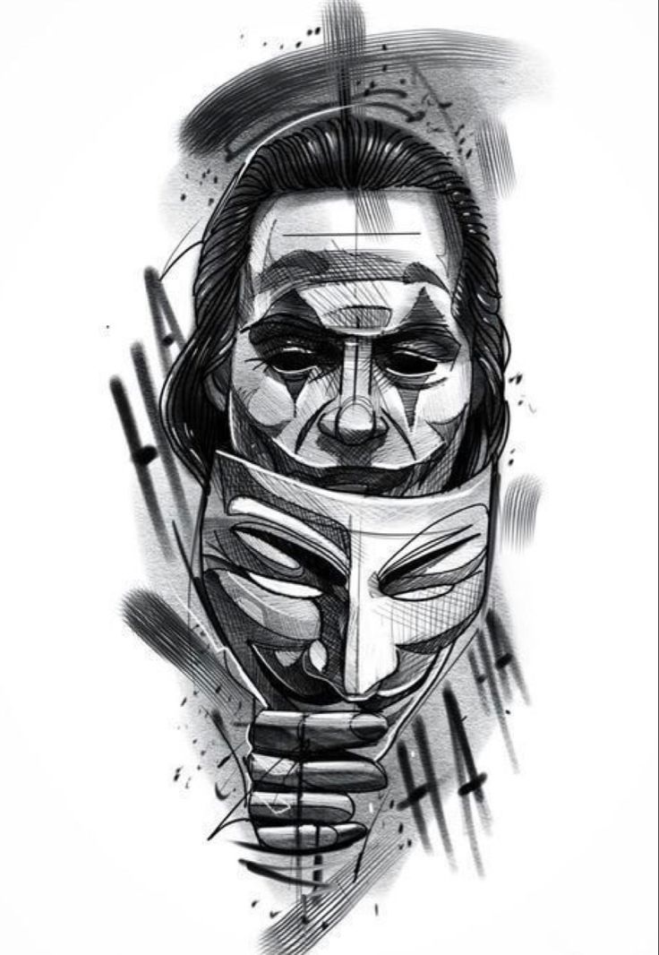 a black and white drawing of a man with a mask on it's face