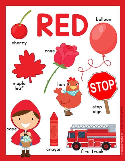 a red poster with words and pictures to describe the different things in front of it