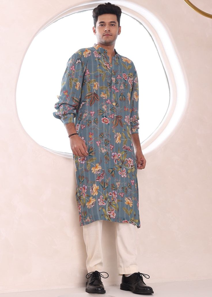 Printed kurta pant set. Traditional Spring Kurta With Set-in Sleeves, Summer Straight Kurta With Set-in Sleeves, Spring Festive Kurta With Set-in Sleeves, Casual Straight Kurta Set For Eid, Casual Eid Straight Kurta Set, Eid Floral Print Tunic Kurta, Casual Cotton Kurta For Loungewear, Straight Kurta With Set-in Sleeves For Spring, Festive Casual Straight Kurta Set