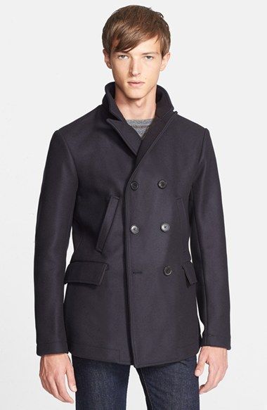 Billy Reid 'Bond' Wool Blend Peacoat available at Nordstrom Designer Black Pea Coat With Double Button Closure, Designer Black Wool Pea Coat, Designer Black Double-breasted Pea Coat, Designer Winter Blazer With Double-breasted Button, Designer Double-breasted Blazer For Winter, Designer Winter Double-breasted Blazer, Black Double-breasted Wool Coat With Concealed Placket, Luxury Black Pea Coat With Concealed Placket, Designer Wool Coat With Double Button And Lapel Collar