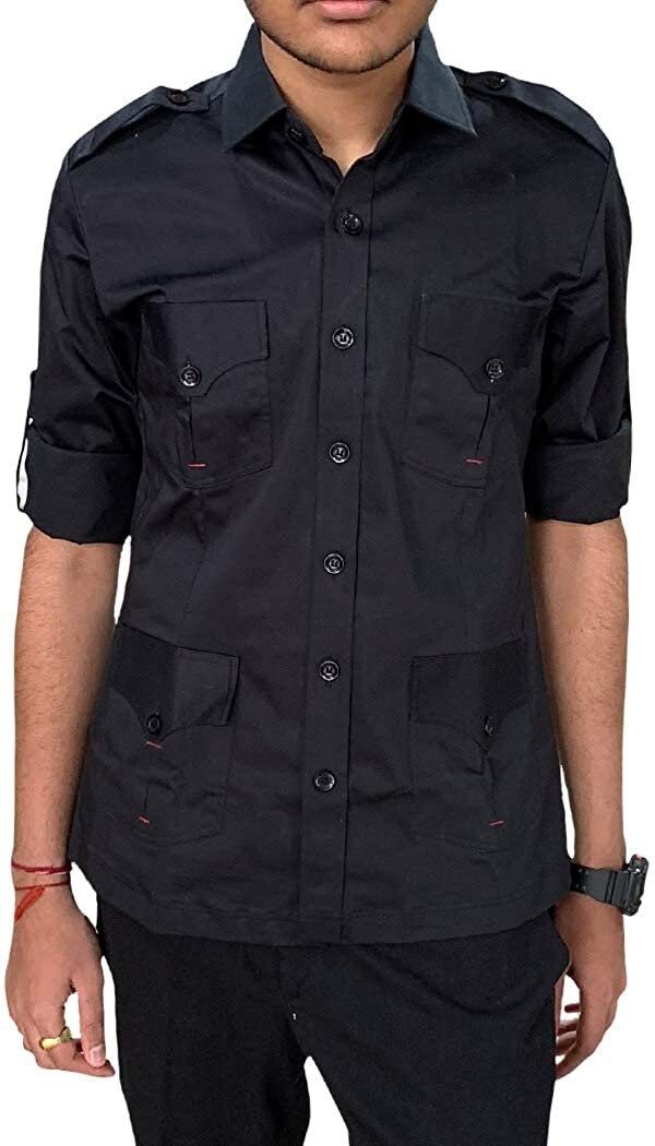 This Safari cotton black shirt is made with two buttoned chest pockets flanked by two waist pockets. Roll up tabs secure sleeves. Functional shoulder epaulettes. All shirts come in standard US sizes Made in Black color thick cotton fabric.Fit for mountaineering, hiking, traveling, camping, running and other outdoor activities Dry Clean Only: Made in India Black Long Sleeve Top With Flap Pockets, Black Shirt With Flap Pockets For Work, Black Button-up Shirt With Flap Pockets, Black Workwear Shirt With Flap Pockets, Collared Workwear Shirt With Cargo Pockets, Black Shirt With Pockets For Work, Black Shirt With Flap Pockets For Fall, Long Sleeve Shirt With Cargo Pockets For Work, Long Sleeve Workwear Shirt With Cargo Pockets