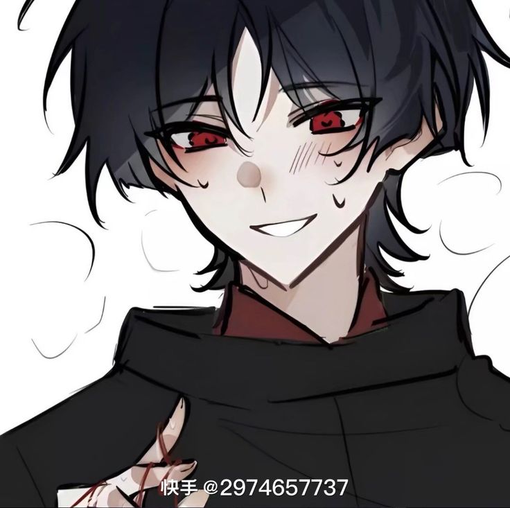 an anime character with black hair and red eyes