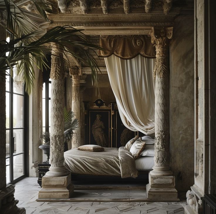 a large bed sitting in the middle of a room with columns on either side of it