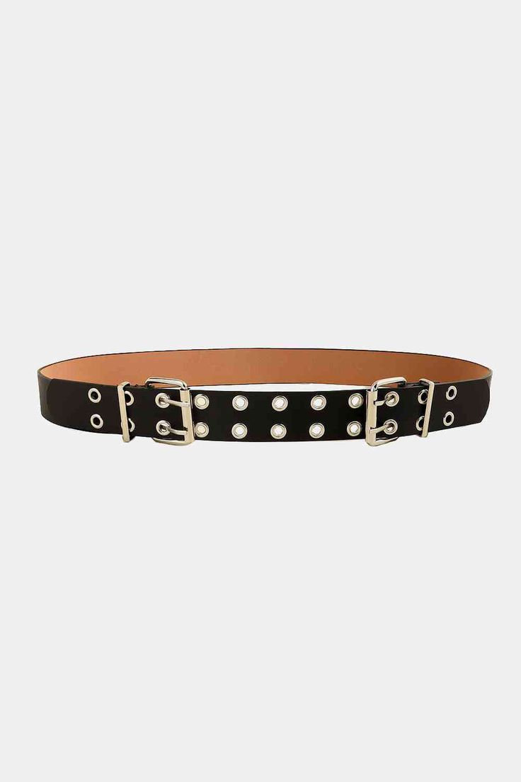 Elevate your style with our PU Leather Two Row Eyelet Belt! Made of high-quality PU leather, this belt adds an edgy and sophisticated touch to any outfit. Its eyelet design not only enhances your look but also provides a comfortable and adjustable fit. Upgrade your wardrobe now! Material: PU Imported Product measurements: Size: 41*1.4 in Buckle: 1.6 in Edgy Leather Belt, Black Leather Belts With Rivets, Black Leather Belt With Rivets, Black Leather Belt With Edgy Style, Edgy Leather Belts With Belt Loops, Trendy Black Belts With Rivets, Trendy Leather Belt For Fall, Black Leather Belt For Fall, Chic Black Leather Belt