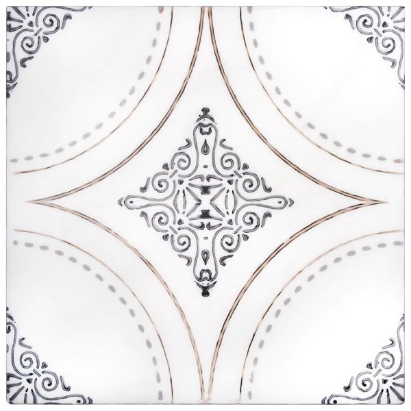 a white and black tile with an intricate design