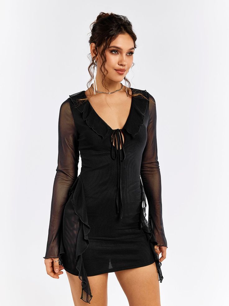 Shop Flounce Sleeve Tie Front Embellished Mesh Dress now at Partheafashion. You can also choose more fashion style. Elegance Dress, Black Mesh Dress, Flounce Sleeve, Body Sculpting, Mesh Dress, Plunging Neckline, Ruffle Trim, Full Sleeve, Types Of Sleeves