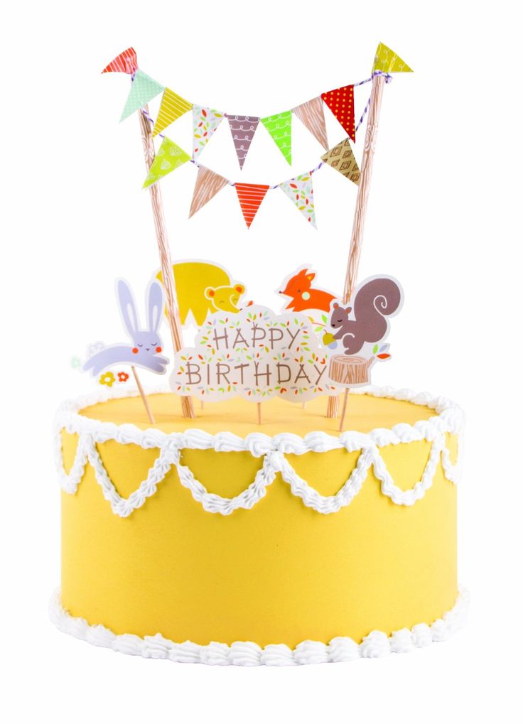 a yellow birthday cake with bunting flags and animals on it's top that says dear bro 5 00