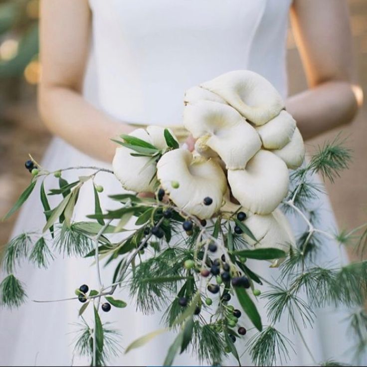 a bride holding a bouquet of white flowers and greenery