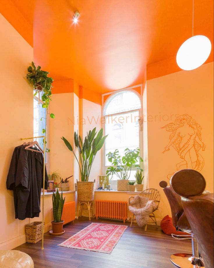 a room with an orange ceiling and some plants in the corner, along with a rug on the floor