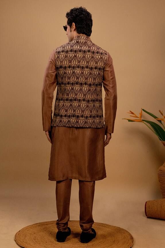 Brown kurta with pintucks detail. Paired with a brown printed bundi jacket with a curved hem and churidar. - Aza Fashions Kurta Set For Men, Brown Silk, Fashion App, Churidar, Kurta Set, Pin Tucks, Aza Fashion, Silk Printing, For Men