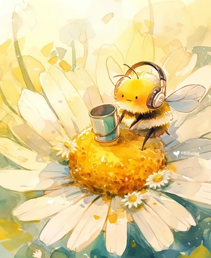 a painting of a bee sitting on top of a flower with headphones in it's ears