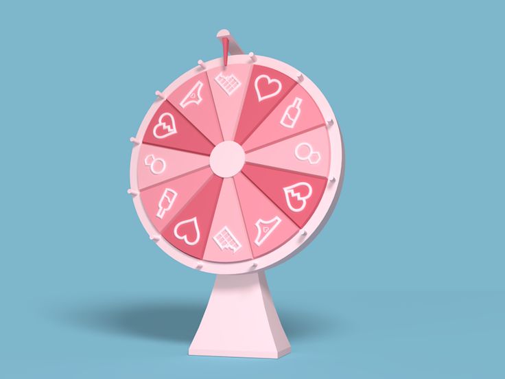 a pink ferris wheel with hearts and other symbols on the front, against a blue background