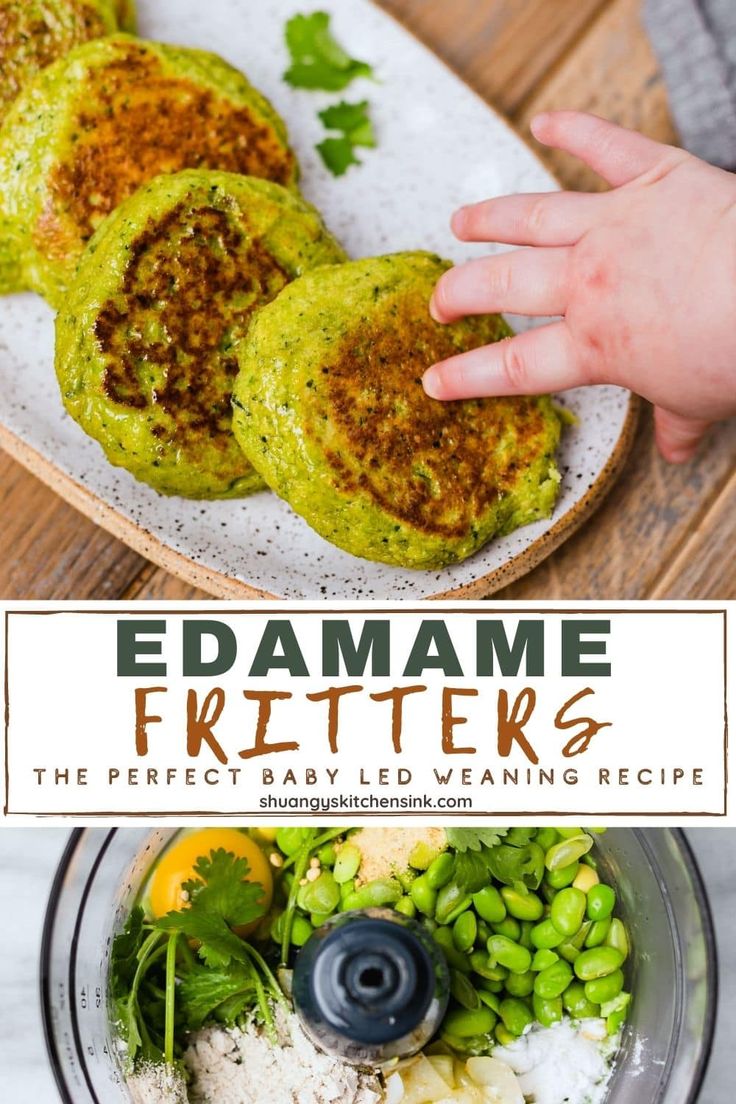 an image of some food in a blender with the words edamame fritters on it