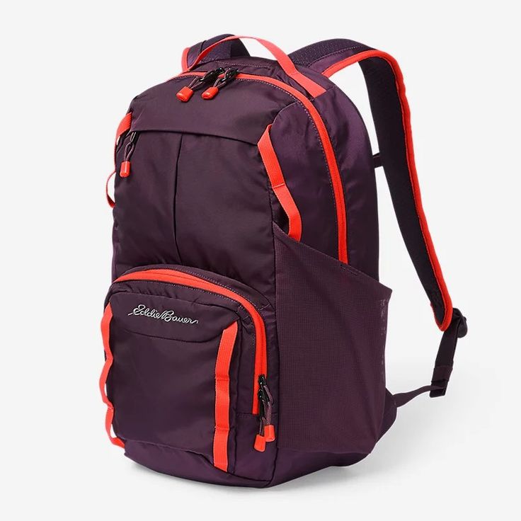 a purple backpack with an orange stripe on the front and side pocket, attached to a shoulder strap