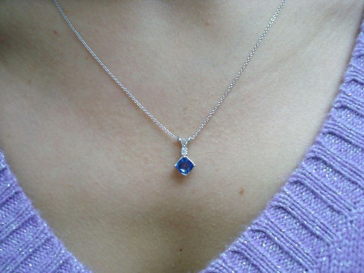 "HERE IS BEAUTIFUL CUSHION CUT CEYLON BLUE SAPPHIRE & DIAMOND SOLITAIRE PENDANT NECKLACE 14 KARAT WHITE GOLD COMES WITH 16\" OR 18\" INCH CHAIN CENTER AA CUSHION CUT CEYLON BLUE SAPPHIRE VERY SWEET BLUE COLOR & CLEAN SAPPHIRE !! CENTER SHAPE- CUSHION CUT CUT- VERY GOOD CLARITY- AA COLOR- BLUE CARAT- 0.80ct MEASUREMENT- 5.00 X 5,00mm 1 WHITE DIAMOND 0.04ct SI1 G COLOR TOTAL 0.84 CARAT CLEAN AND BRIGHT WHITE COLOR DIAMOND!! RETAIL PRICE IS OVER $2,500.00 COMES WITH $1,900.00 CERTIFIED APPR Formal Blue Birthstone Necklace, Formal Blue Hallmarked Necklace, Blue Diamond Cut Necklace, Formal Blue Hallmarked Necklaces, Formal Hallmarked Blue Necklaces, Formal Blue Diamond Cut Necklaces, Blue Brilliant Cut Necklace For Gift, Formal Blue Diamond Cut Necklace, Blue Brilliant Cut Necklace Gift