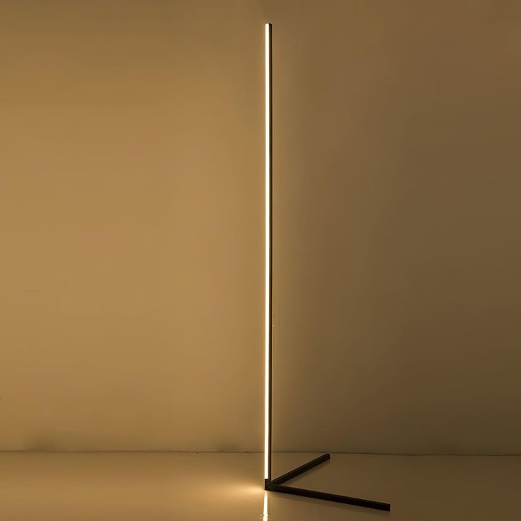 the floor lamp is lit up in an empty room