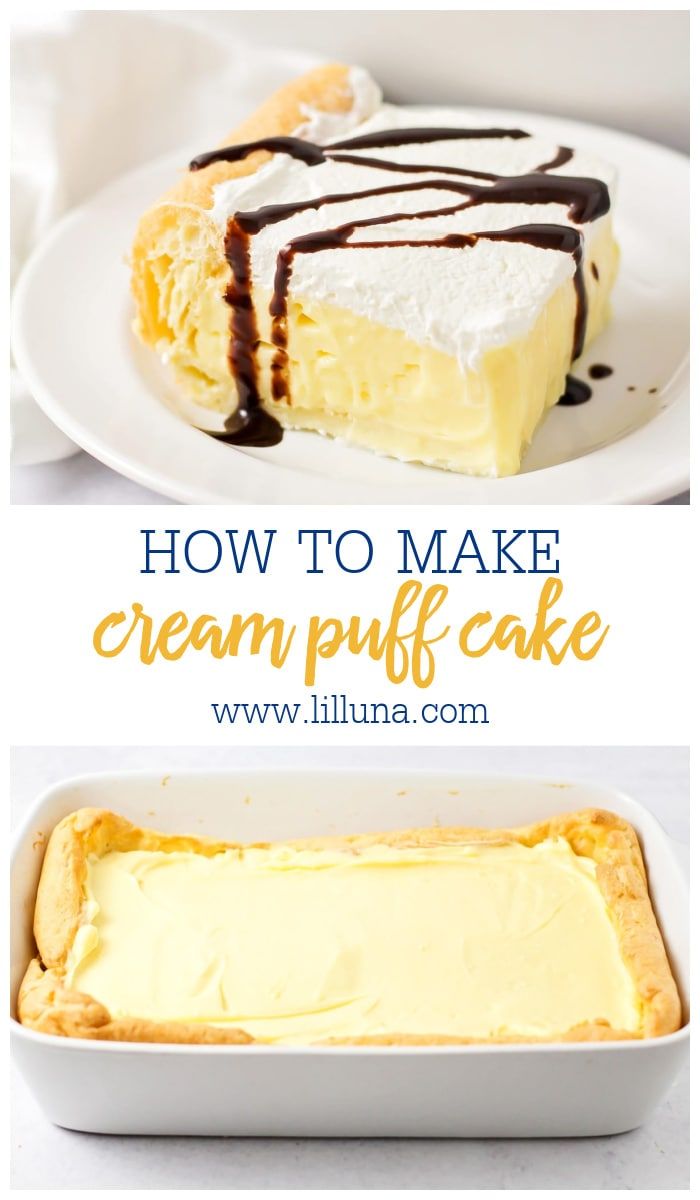 how to make cream puff cake with chocolate drizzle on top and in the bottom