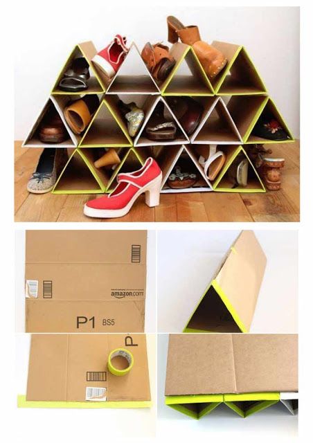 an upside down cardboard shelf with shoes on top and another photo of the shelves in front