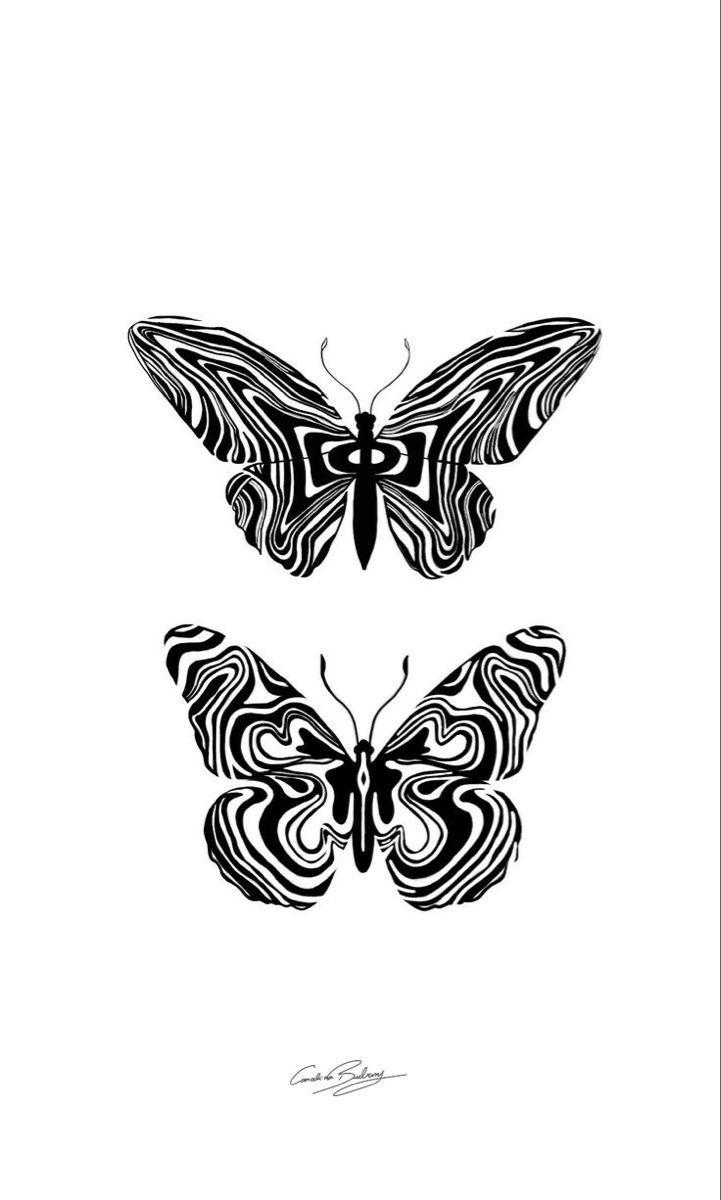 two black and white butterflies with swirls on their wings, one in the shape of a