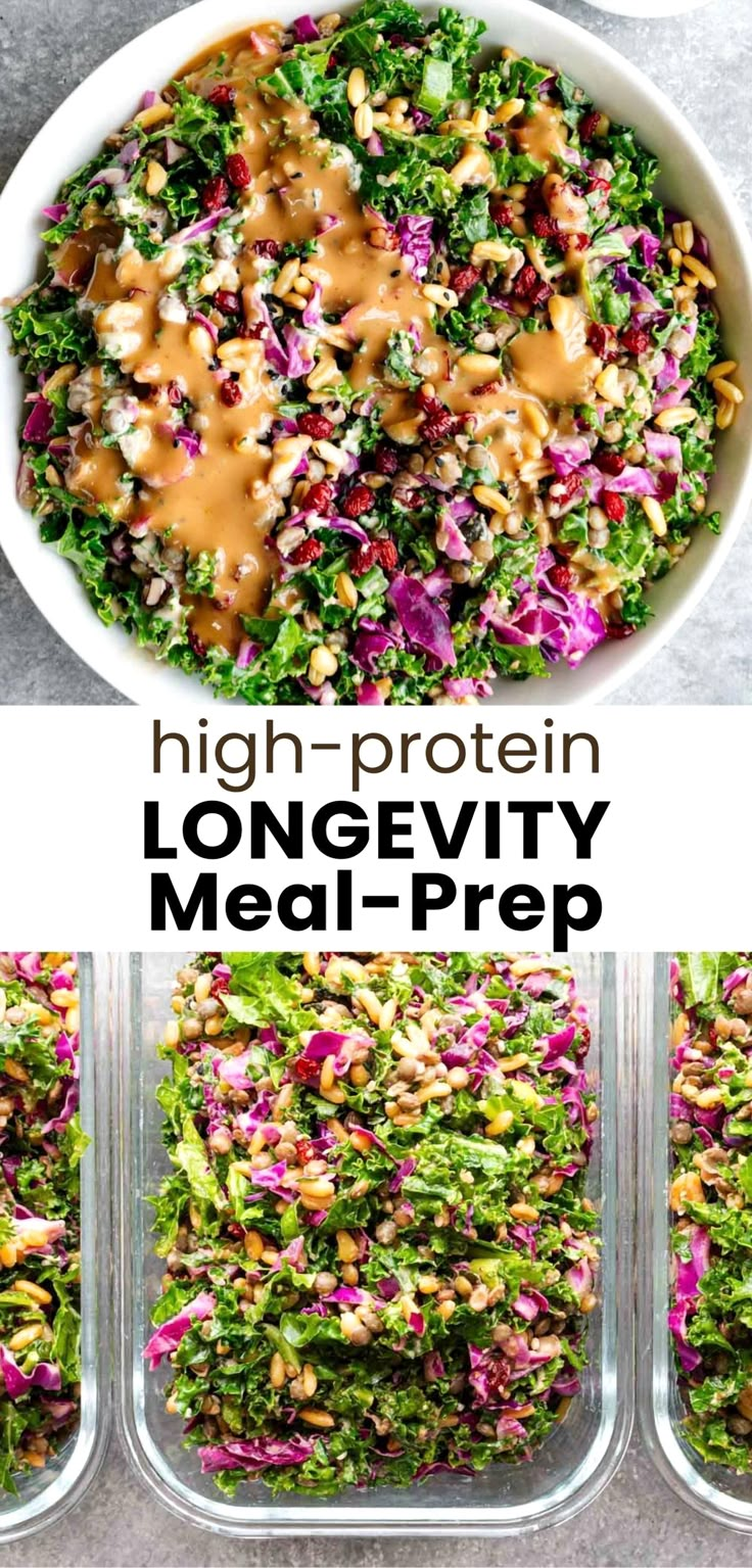 four bowls filled with different types of salads and the words high protein longevity meal prep