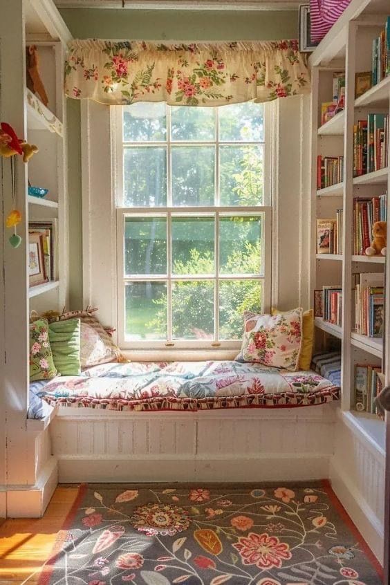 a window seat in the corner of a room with bookshelves on either side