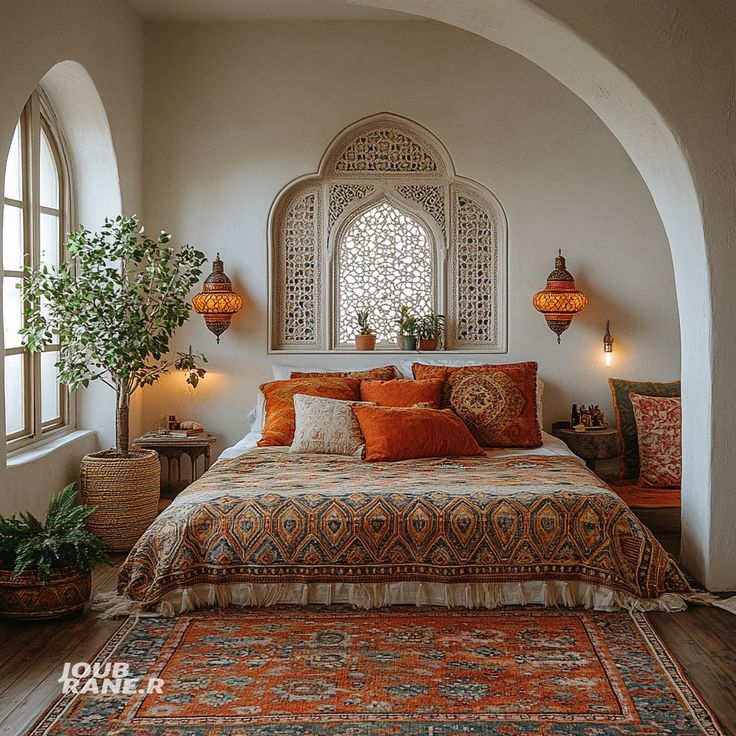 a large bed sitting under an arched window next to a potted plant in a bedroom