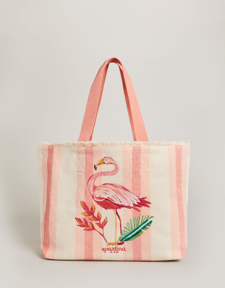 When it comes to totes, our embroidered Flamingo Beach Tote topped with fringe is tote-ally cute. This roomy bag with webbed woven straps holds everything - and then some! - including the quick-get items in its convenient inside pocket. Best of all, It's made from thick, durable canvas and a coated base that can stand up (literally!) to day after day of splashy fun. Embroidered flamingo Cotton fringe top with woven cotton shoulder straps Small inside slip pocket Dimensions: 15.75'' W; 13'' H; 6' Embroidered Flamingo, Straw Beach Tote, Nora Fleming Minis, Flamingo Beach, Spartina 449, Embroidered Quilts, Quilted Tote Bags, Fringe Top, Quilted Totes