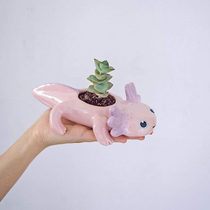 a hand holding a pink plastic toy with a plant in the shape of a turtle